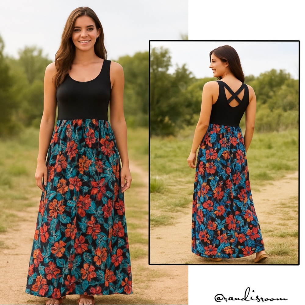 EUC Mudd Women’s Sleeveless Black & Floral Maxi Dress w/Crisscross Back Size XL